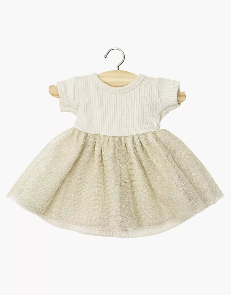 The Minikane Doll Clothing | Rosana Short Sleeve Tutu - Gold features a cream ribbed knit top and a shimmery gold tulle skirt, perfect for 13-inch dolls. Displayed on a small wooden hanger against a white background.
