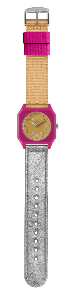 The Mini Kyomo Watch - Disco, with a pink case, yellow face, tan fabric top strap, and metallic silver leather bottom strap, is shown vertically on a white background.