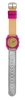 The Mini Kyomo Watch - Disco, with a pink case, yellow face, tan fabric top strap, and metallic silver leather bottom strap, is shown vertically on a white background.