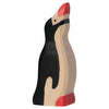 The Holztiger Penguin, Small, Head Raised is a handcrafted wooden figurine made in Europe and painted with black, white, and red details. It stands upright with its head raised, making it a charming addition to any HOLZTIGER figures collection.