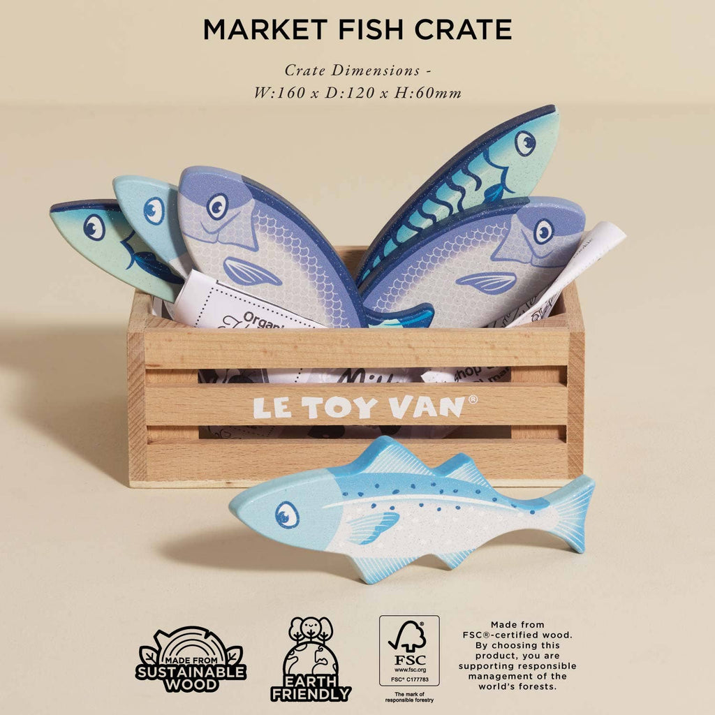 The Market Fish Wooden Play Market Crate is a wooden toy crate filled with play fish, perfect for pretend market fun and imaginative role play.