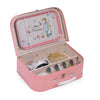 A Moulin Roty Metal Tea Party Suitcase Set - The Parisiennes, featuring a pink metal suitcase containing a floral-patterned tea set with a tray, teapot, four cups, and four saucers.