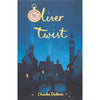 Collector's Edition hardcover of "Oliver Twist" by Charles Dickens. The cover features the title in yellow script, a pocket watch above "Oliver," and a nighttime blue cityscape with chimneys and a clock tower.