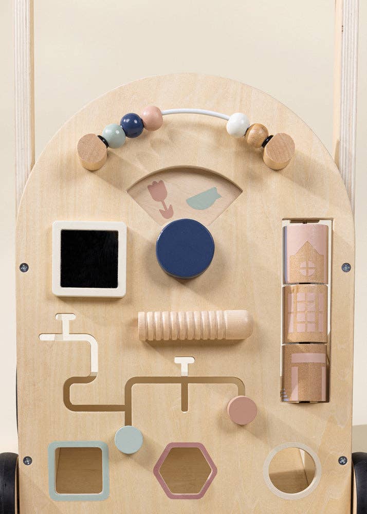 The Wooden Activity Walker is a baby walker and activity board featuring beads, spinning blocks, a rolling handle, shape cutouts, and colorful shapes—perfect sensory toys for play and learning.