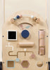 The Wooden Activity Walker is a baby walker and activity board featuring beads, spinning blocks, a rolling handle, shape cutouts, and colorful shapes—perfect sensory toys for play and learning.