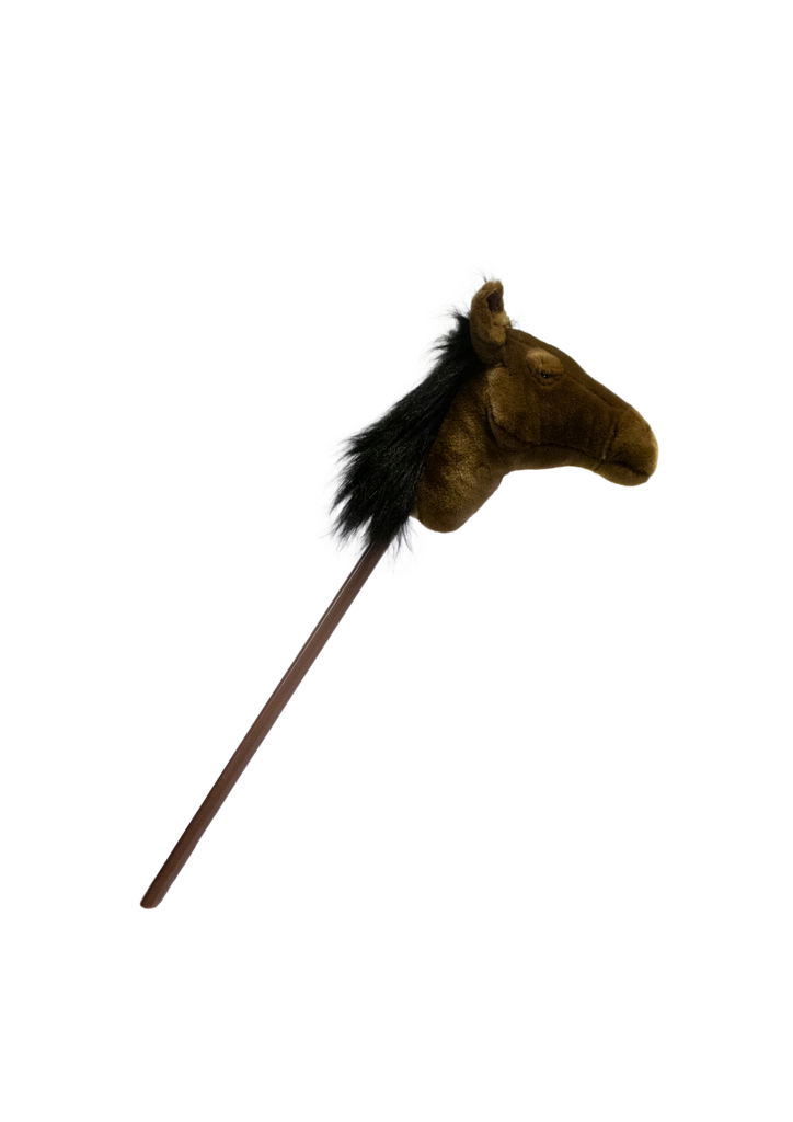 The Pretend Play Ride-On Horse features a plush brown horse head with a black mane on a long wooden stick, perfect for imaginative play. Shown against a plain white background.