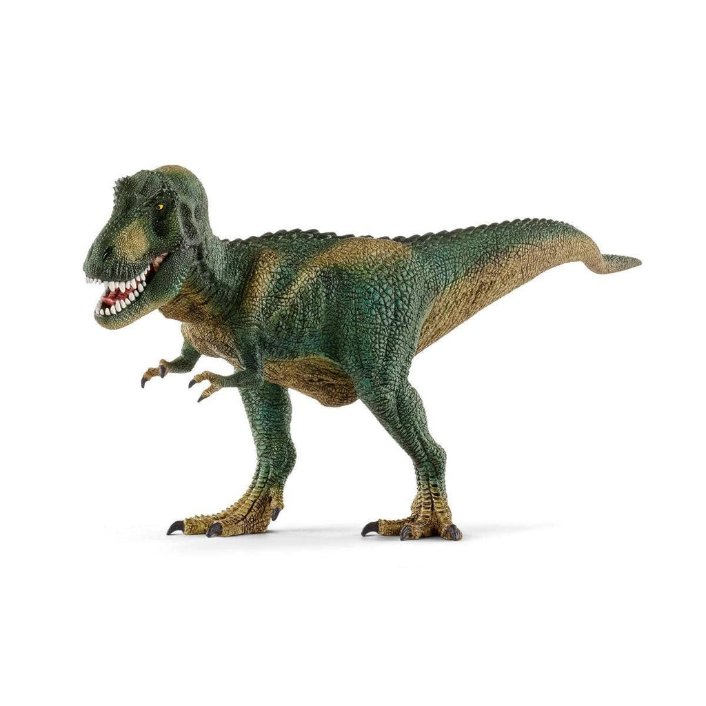 A Shleich Tyrannosaurus Rex Dinosaur Toy with Movable Jaw, featuring a green and brown design, is displayed standing on two legs with its mouth open to reveal sharp teeth against a white background.