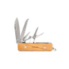 The Huckleberry Pocket Knife (Not a Toy) with a wooden handle, open knife blade, saw blade, scissors, and other outdoor tools is shown against a white background.