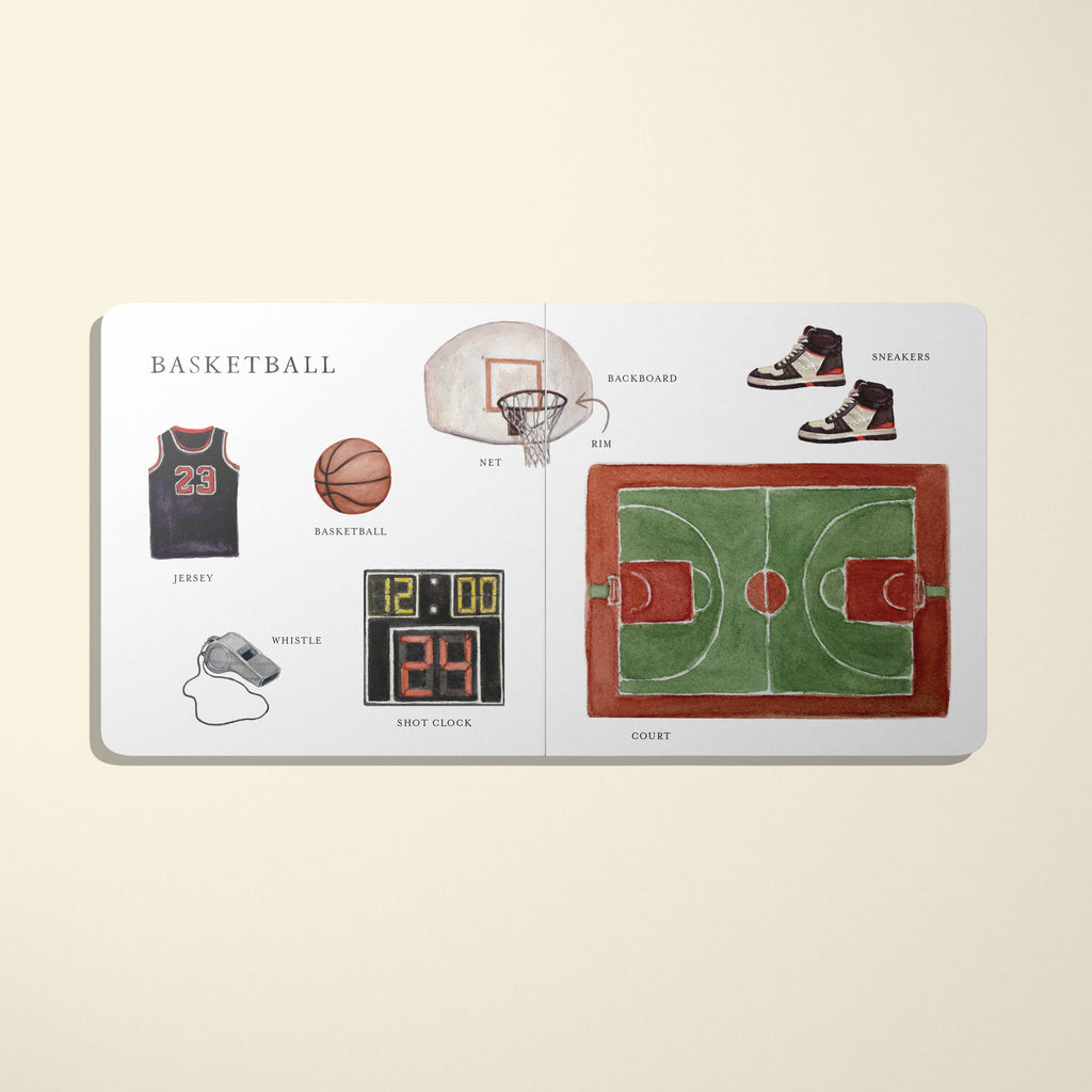 Our Big Book of Sports: A Collection of 100+ Sports Words is an illustrated preschool book introducing sports vocabulary like jersey, basketball, net, sneakers, whistle, shot clock, and a labeled court for young readers.