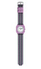 The Mini Kyomo Watch - Lavender Field features a purple octagonal case, striped purple-green fabric strap, white face with black numbers and hands, and reliable Japanese movement.