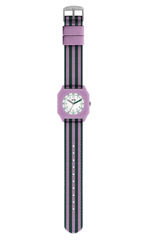 The Mini Kyomo Watch - Lavender Field features a purple octagonal case, striped purple-green fabric strap, white face with black numbers and hands, and reliable Japanese movement.