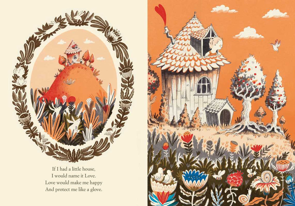 A whimsical illustration from "If I Had a Little Dream" by Nina Laden shows a quirky house on a hill amid colorful flowers and trees. Poetic text beneath a floral frame on the left invites you to celebrate the world's wonder.