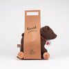 The Pull-Along Raoul is a brown plush bear pull-along toy on wooden wheels, partially nestled inside a brown cardboard holder labeled "Raoul." The bear, made by Egmont Toys, has a tag attached to its neck and is photographed against a plain white background.