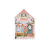 The Moulin Roty Coloring Book with Stickers - The Minouchkas features a house-shaped design, 150 stickers, and charming illustrated flowers, animals, and a door—perfect for creative fun and fans of the Minouchkas.