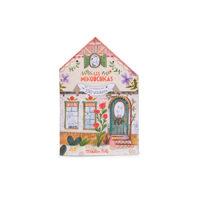 The Moulin Roty Coloring Book with Stickers - The Minouchkas features a house-shaped design, 150 stickers, and charming illustrated flowers, animals, and a door—perfect for creative fun and fans of the Minouchkas.