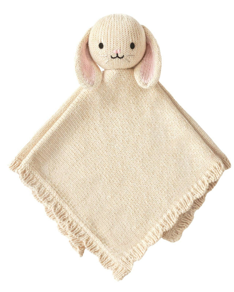 The Cuddle + Kind Organic Cotton Baby Bunny Lovey (Oatmeal) features a hand-knit cream design, plush bunny head with floppy ears, embroidered face, and scalloped edge—a charming fair trade gift for babies.