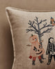 The Coral & Tusk Full Moon Masquerade Pillow features embroidered Halloween figures on Oeko-Tex certified beige linen—perfect for safe, festive decor.