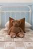 A brown teddy bear sits on a neatly made bed with an Organic Cotton Twin Size Blanket - Pony, a brown plaid pillow, and a white headboard against a light blue wall.