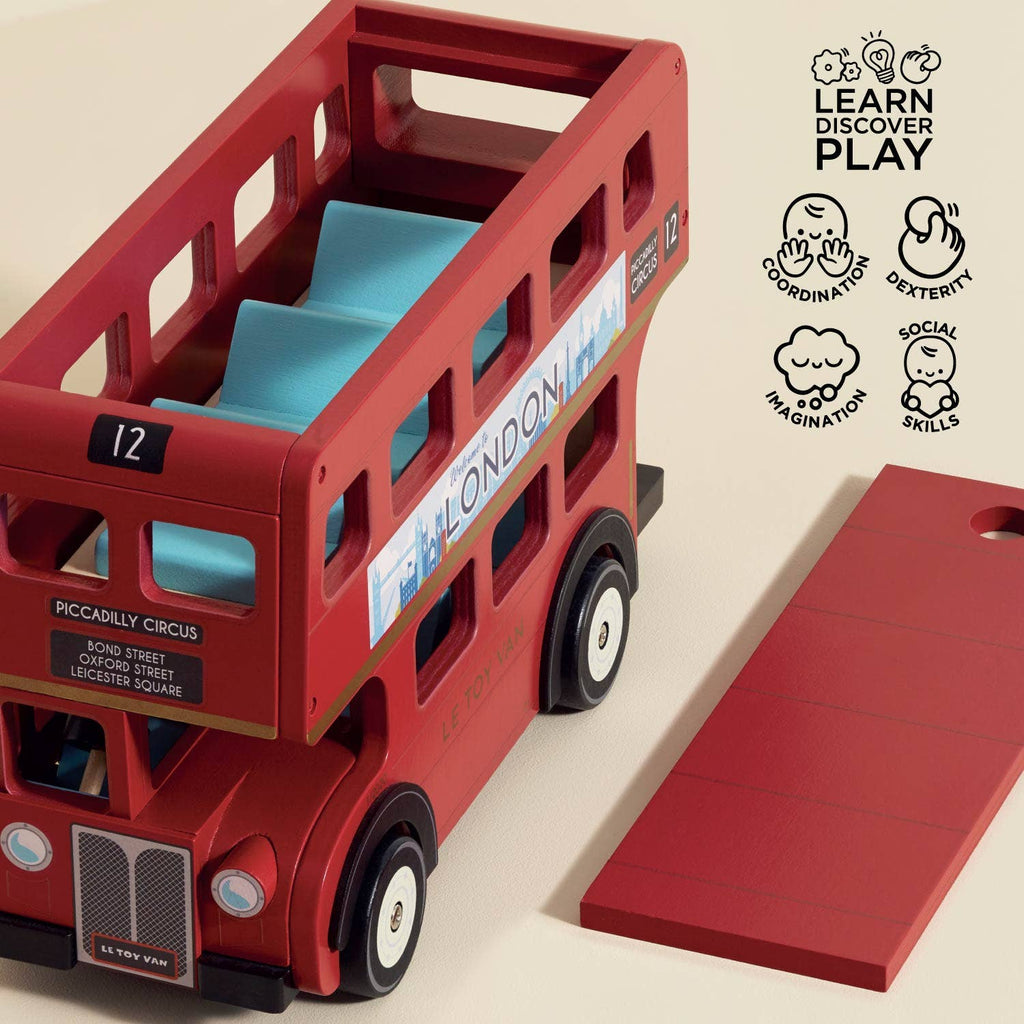 The London Wooden Bus is a red wooden double-decker toy with blue seats and a detachable ramp. Illustrations show it helps develop coordination, dexterity, imagination, and social skills in early learners.