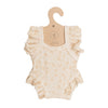Mrs. Ertha Doll Clothes - 13″-14″ - Bouquet Silhouette Frilled Bodysuit features a cream hue with ruffled sleeves and leg openings, adorned with a delicate floral pattern. Made from 100% organic cotton, this charming bodysuit is displayed on a brown cardboard hanger—perfect as an outfit for Minikane dolls or any 13″-14″ doll collection.