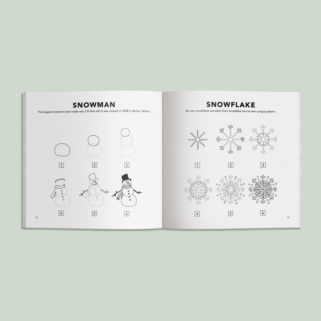 Winter Things: How to Draw Books for Kids features open pages with step-by-step illustrated guides on drawing a snowman and a snowflake, each with numbered drawings—perfect winter drawing lessons for children.
