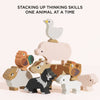 The Farmyard Stacking Animals and Bag includes eco-friendly wooden figures—a duck, pig, chicken, cow, horse, dog, sheep, and goat—that help build thinking skills as kids stack them. A perfect educational gift.