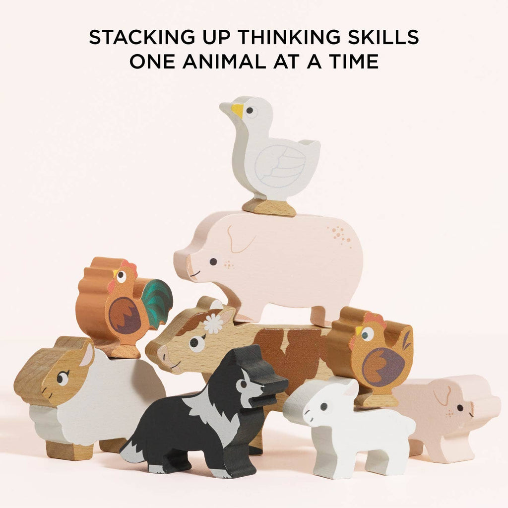 The Farmyard Stacking Animals and Bag includes eco-friendly wooden figures—a duck, pig, chicken, cow, horse, dog, sheep, and goat—that help build thinking skills as kids stack them. A perfect educational gift.