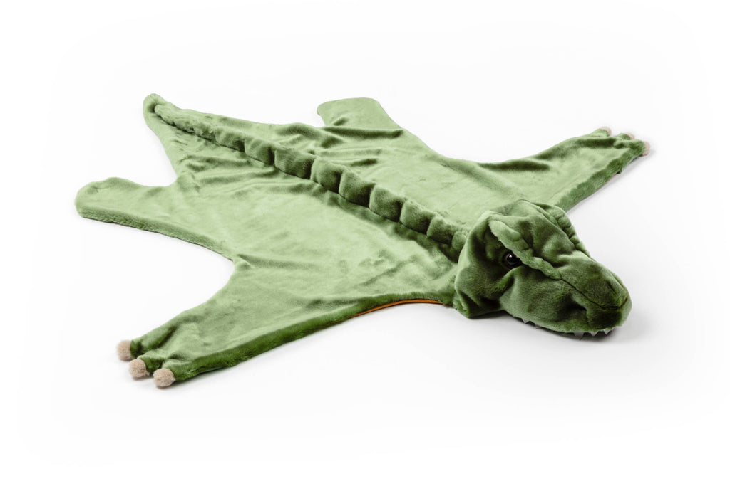 A soft, green, plush T-Rex Dino blanket spread flat with a detailed head, legs, and tail made of cozy faux fur—perfect for Wild & Soft animal costume fun.