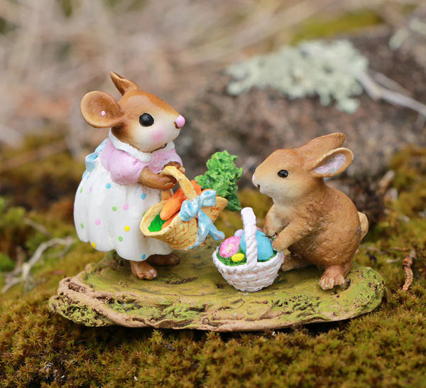 Wee Forest Folk Tiny Collectible - Baskets Full of Easter Joy (Not a Toy) features a mouse in a dress and a rabbit with baskets of colorful vegetables on moss, hand sculpted with charming woodland detail, perfect for collectors.