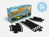 A box labeled "Large Flexible Toy Race Track - Grand Prix" featuring images of race cars sits next to three black, puzzle-like flexible road pieces and a blue circle that says "24 race tracks.