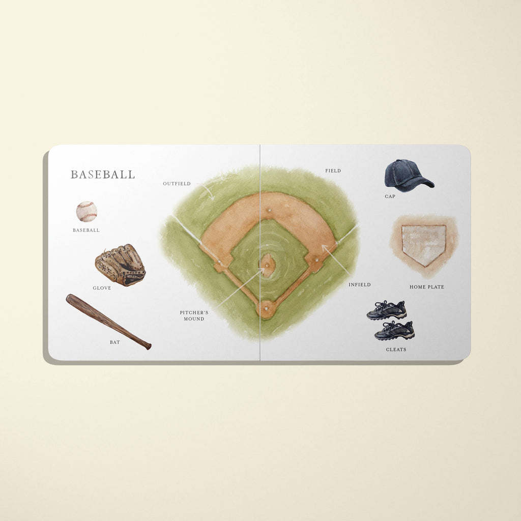 The center features an illustrated baseball field, with labeled items—a ball, glove, bat, cap, cleats, and home plate—making Our Big Book of Sports: A Collection of 100+ Sports Words ideal for introducing sports vocabulary to young readers.