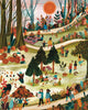 Experience the beauty of fall with the Secrets of the Autumn Woods 300 Piece Puzzle, featuring families picking pumpkins, kids jumping in leaves, and groups picnicking under a brilliant orange sun in a colorful forest park scene.