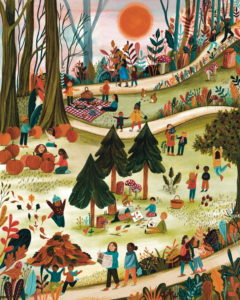 Experience the beauty of fall with the Secrets of the Autumn Woods 300 Piece Puzzle, featuring families picking pumpkins, kids jumping in leaves, and groups picnicking under a brilliant orange sun in a colorful forest park scene.