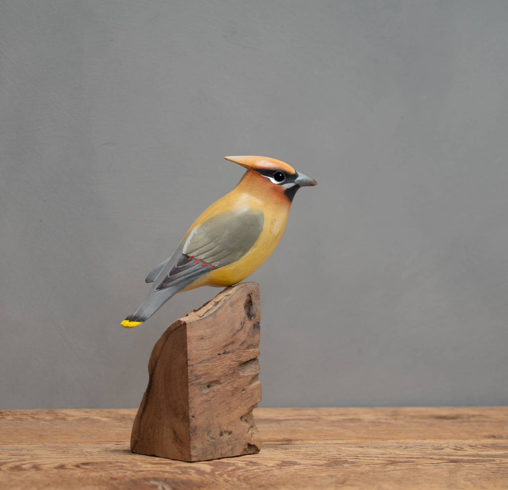 The Hand Carved Ornament - Cedar Wax Wing Bird - 8"H features yellow, brown, and gray tones, perched on sustainable softwood against a plain gray background and wooden surface.