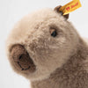 A close-up of the Steiff Chip Capybara plush with soft beige and brown fur, a stitched nose, and a yellow "Steiff" ear tag, shown on a plain white backdrop—perfect for plush toy or chip capybara collectors.