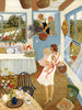 Enjoy a cozy scene with Bright Days - 1000 Piece Jigsaw Puzzle: a sunny kitchen, flowers, a woman with a child, two kids and a pony at the door, plus baskets on the walls—ideal for puzzle lovers!.