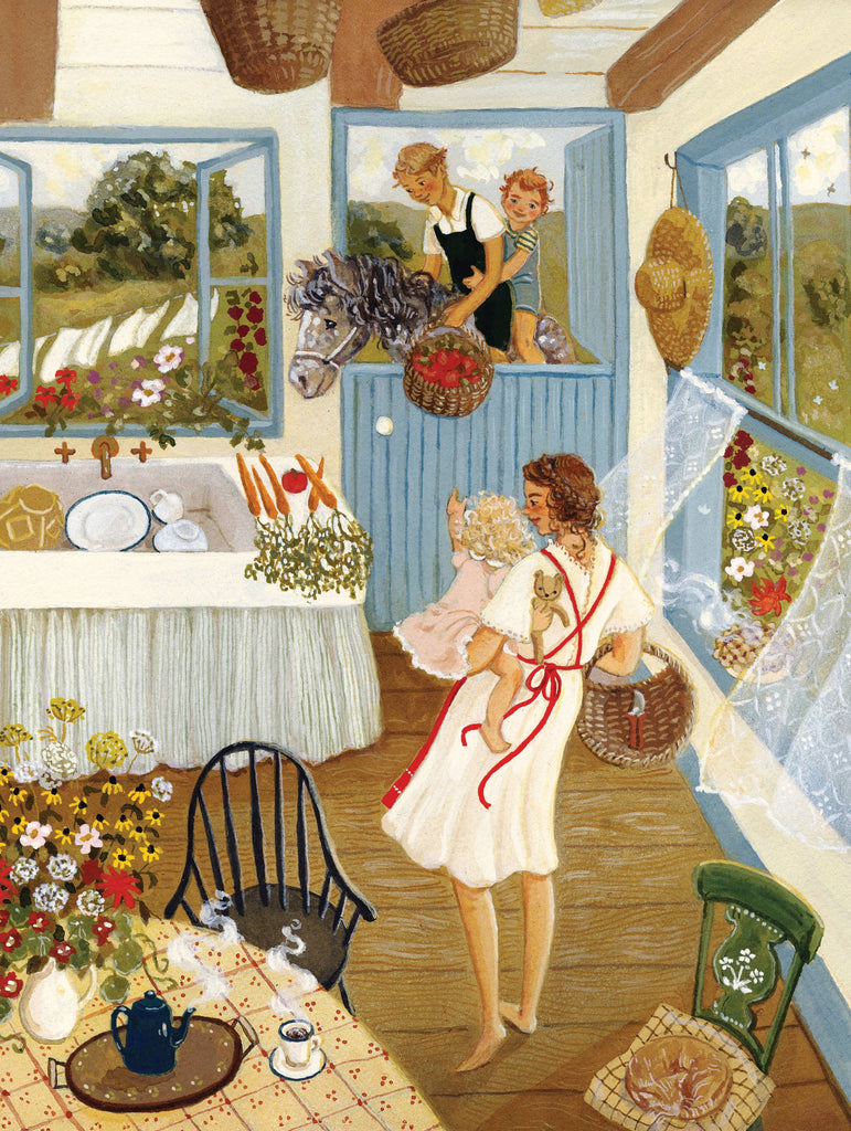 Enjoy a cozy scene with Bright Days - 1000 Piece Jigsaw Puzzle: a sunny kitchen, flowers, a woman with a child, two kids and a pony at the door, plus baskets on the walls—ideal for puzzle lovers!.