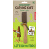 The Huckleberry Carving Knife (Not a Toy) is designed for ages 8+, featuring a wooden handle, brown leather sheath, fun illustrations, and includes an instruction booklet. Text reads "Let's Go Outside!.