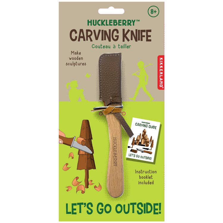 The Huckleberry Carving Knife (Not a Toy) is designed for ages 8+, featuring a wooden handle, brown leather sheath, fun illustrations, and includes an instruction booklet. Text reads "Let's Go Outside!.