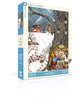 The Cold Hollow 1000-piece jigsaw puzzle features a whimsical winter scene with an owl, a rabbit, and other animals gathering inside a hollowed-out tree, set against a snowy landscape with a cottage in the background.