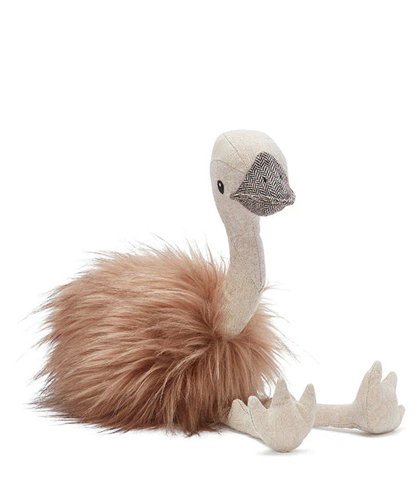 Introducing Eddie The Emu Stuffed Animal—this charming plush toy resembles an emu with a fuzzy brown body and a long beige neck, beak, and legs. Sitting upright with its legs extended out in front, it measures 45cm x 15cm and is suitable for ages 3+.