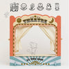 The Tabletop Puppet Wooden Theater features a red, orange, and blue stage with curtains labeled "THEATRE" and a mouse illustration. Icons show it fosters imaginative play, creativity, dexterity, and social skills.
