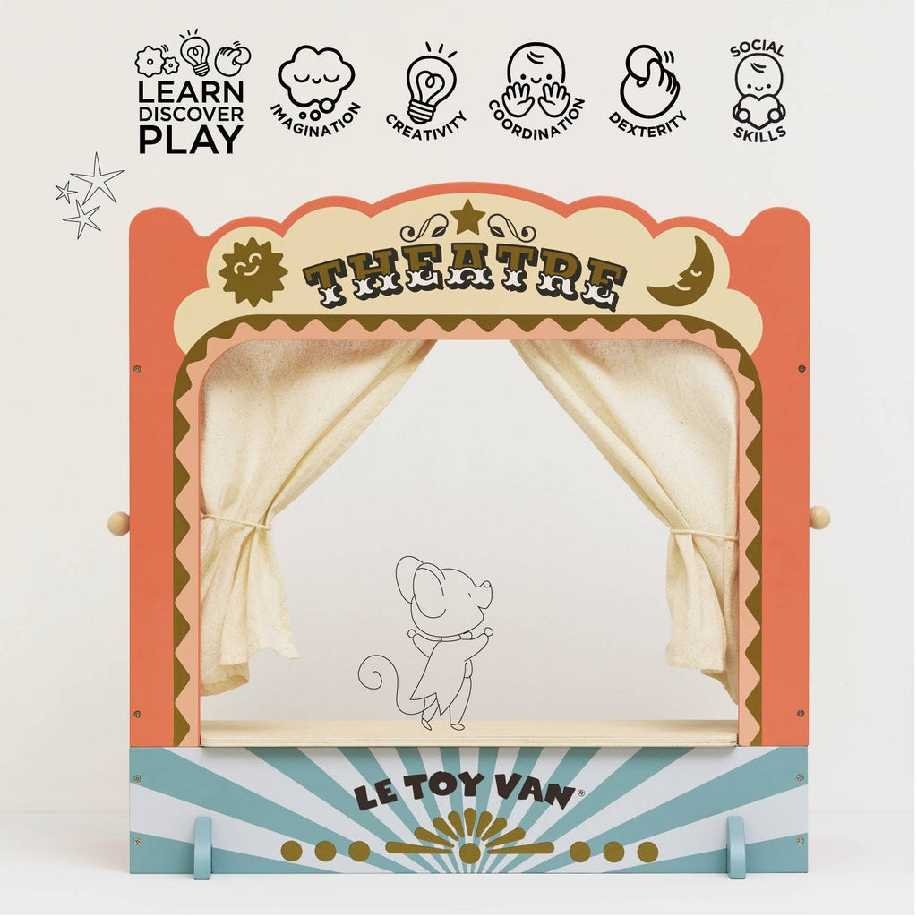 The Tabletop Puppet Wooden Theater features a red, orange, and blue stage with curtains labeled "THEATRE" and a mouse illustration. Icons show it fosters imaginative play, creativity, dexterity, and social skills.