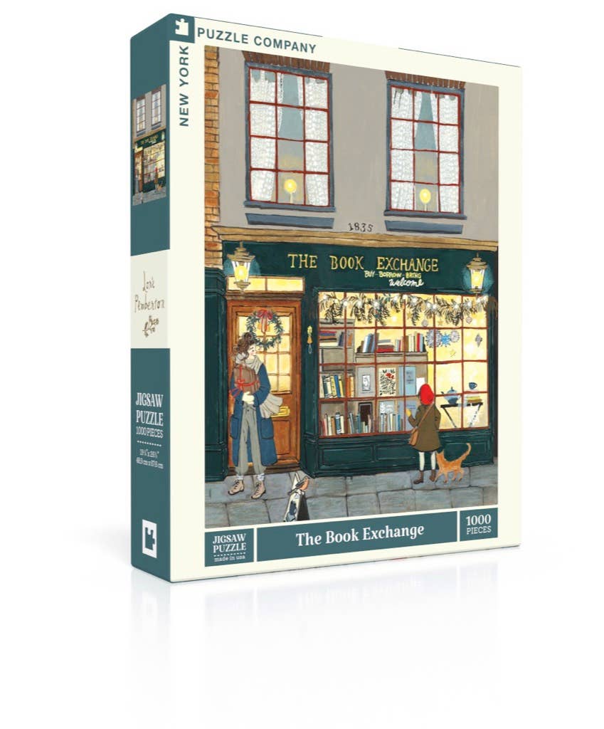 The Book Exchange - 1000 Piece Jigsaw Puzzle features an illustrated bookstore storefront with people and a dog—a charming bookshop puzzle and perfect gift for book lovers.