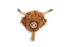 The Coat Hanger - Highland Cow features a plush animal wall hook shaped like a smiling Highland cow’s head with shaggy orange fur and cream-colored horns, mounted on a wooden peg—an adorable touch for any space.