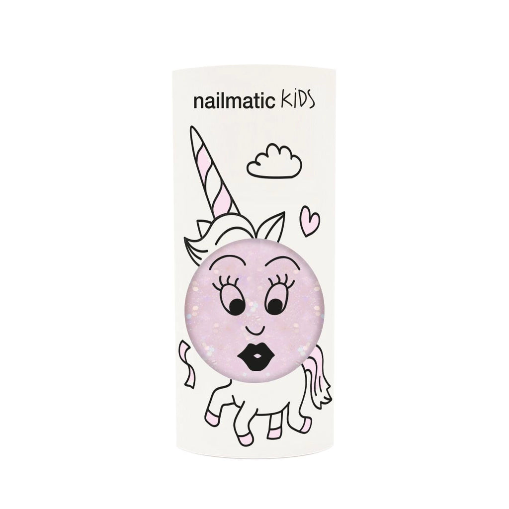 A cylindrical water-based nail polish bottle from Nailmatic - Nail Polish - Polly featuring a cute cartoon unicorn with a glittery face, heart, and cloud designs. The unicorn is styled with eyelashes and a playful expression.