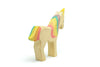 The Handmade Holzwald Unicorn Rainbow is a sustainable wooden figurine with a yellow horn and rainbow-painted mane and tail, displayed on a white background.