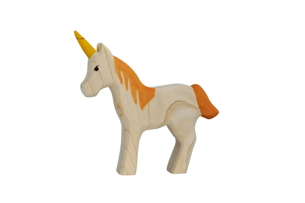 The Handmade Holzwald Unicorn features a yellow horn and orange mane and tail, standing on all fours against a plain white background—ideal for imaginative play with this sustainable wooden toy.