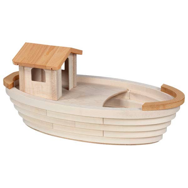 The Holztiger Handmade Wooden Ark boasts a charming small cabin atop, crafted from richly toned maple and beech. Its light brown hue with darker accents makes it ideal for imaginative play with HOLZTIGER figures.