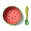 Wally the Watermelon Bowl & Spoon Set features a non-toxic baby bowl with a green exterior, red interior with black seeds, and a matching green spoon with leaf pattern—ideal for any baby dinnerware set.